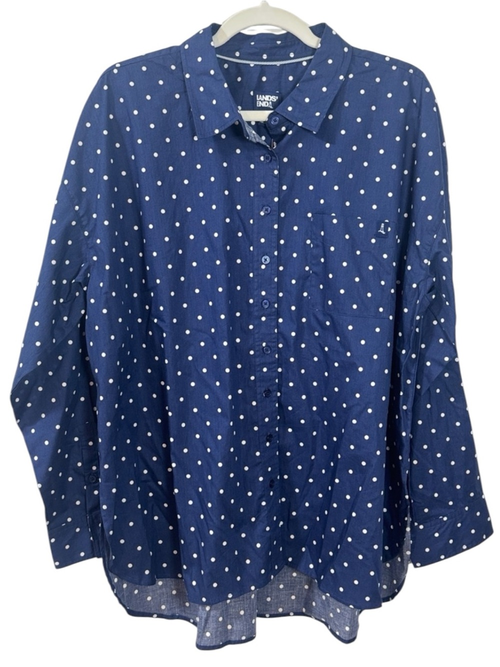 Lands' End Women’s Navy Blue & White Polka Dot Button-Down Long Sleeve Shirt - L